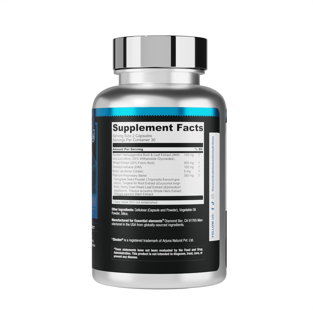 Essential Elements T-Hero Platinum nutrition facts panel displaying ingredient transparency