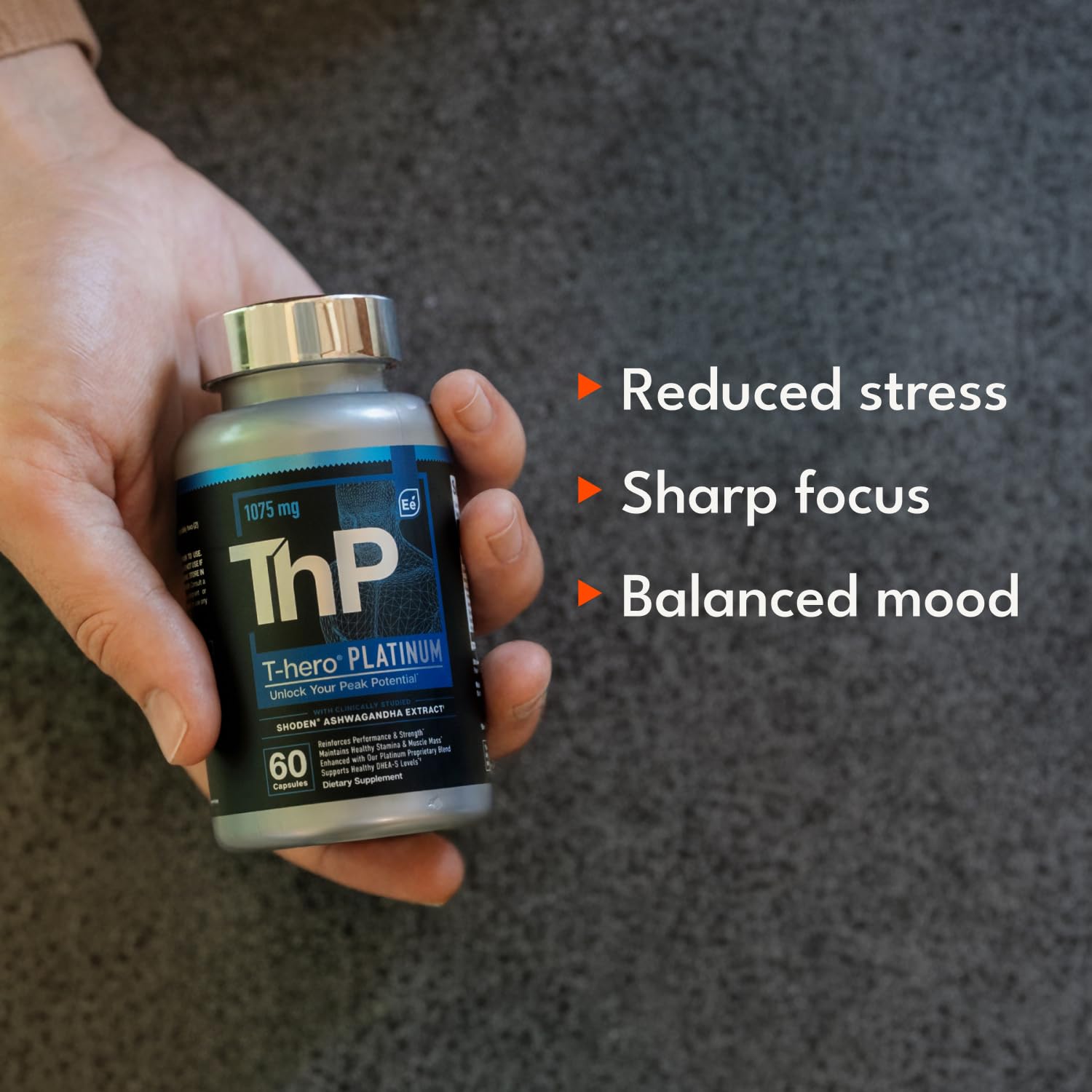 Essential Elements T-Hero Platinum two capsules on palm showing serving amount benefit