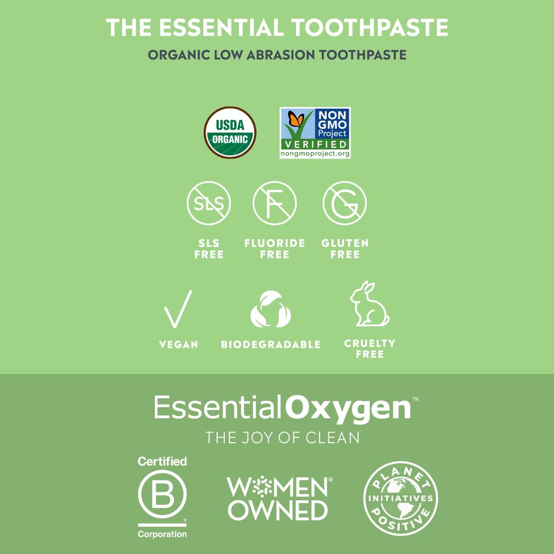 Essential Oxygen close-up of toothpaste texture highlighting peroxide-based whitening and gentle consistency