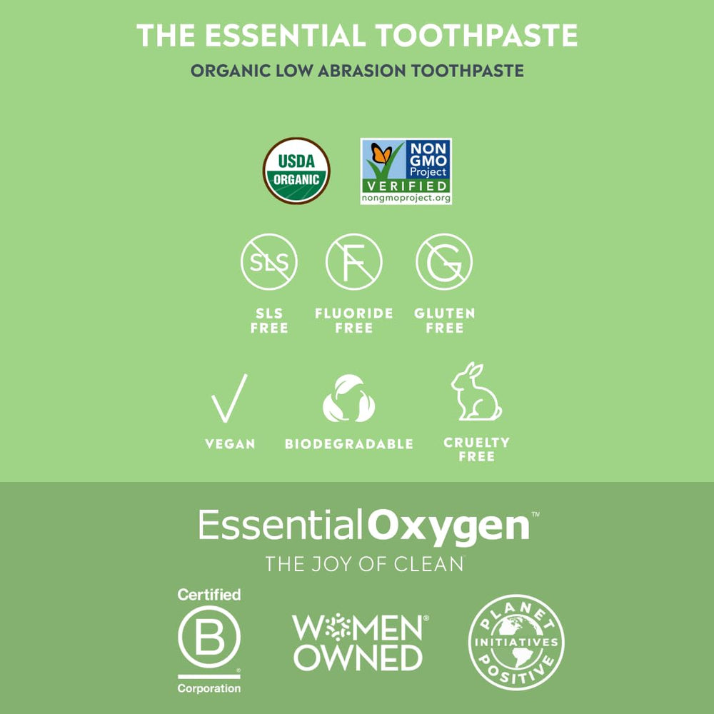 Essential Oxygen close-up of toothpaste texture highlighting peroxide-based whitening and gentle consistency