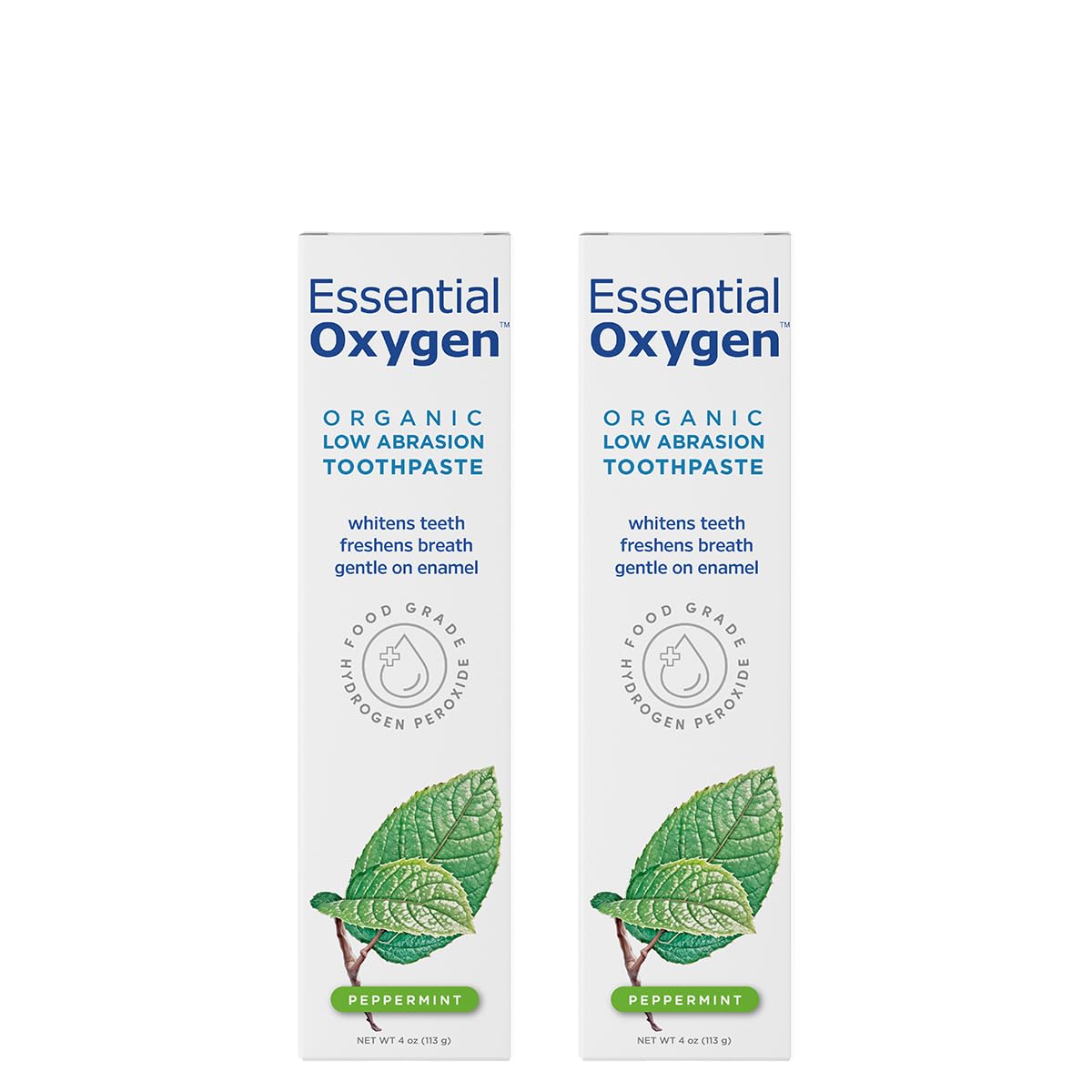 Essential Oxygen front packaging showing two 4 oz tubes and organic labeling for clean ingredients