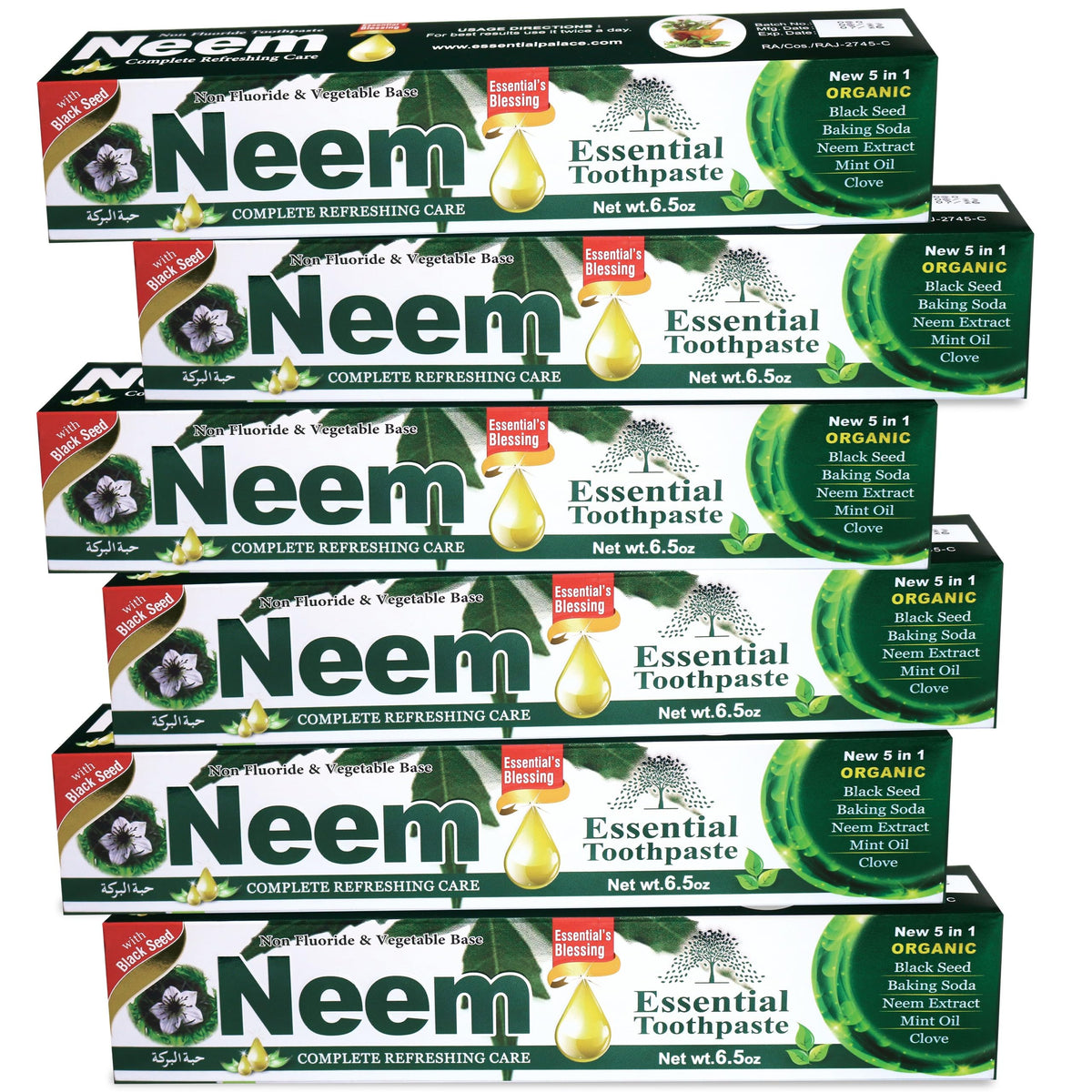 ESSENTIAL TOOTHPASTE front packaging six-pack showing value and convenience