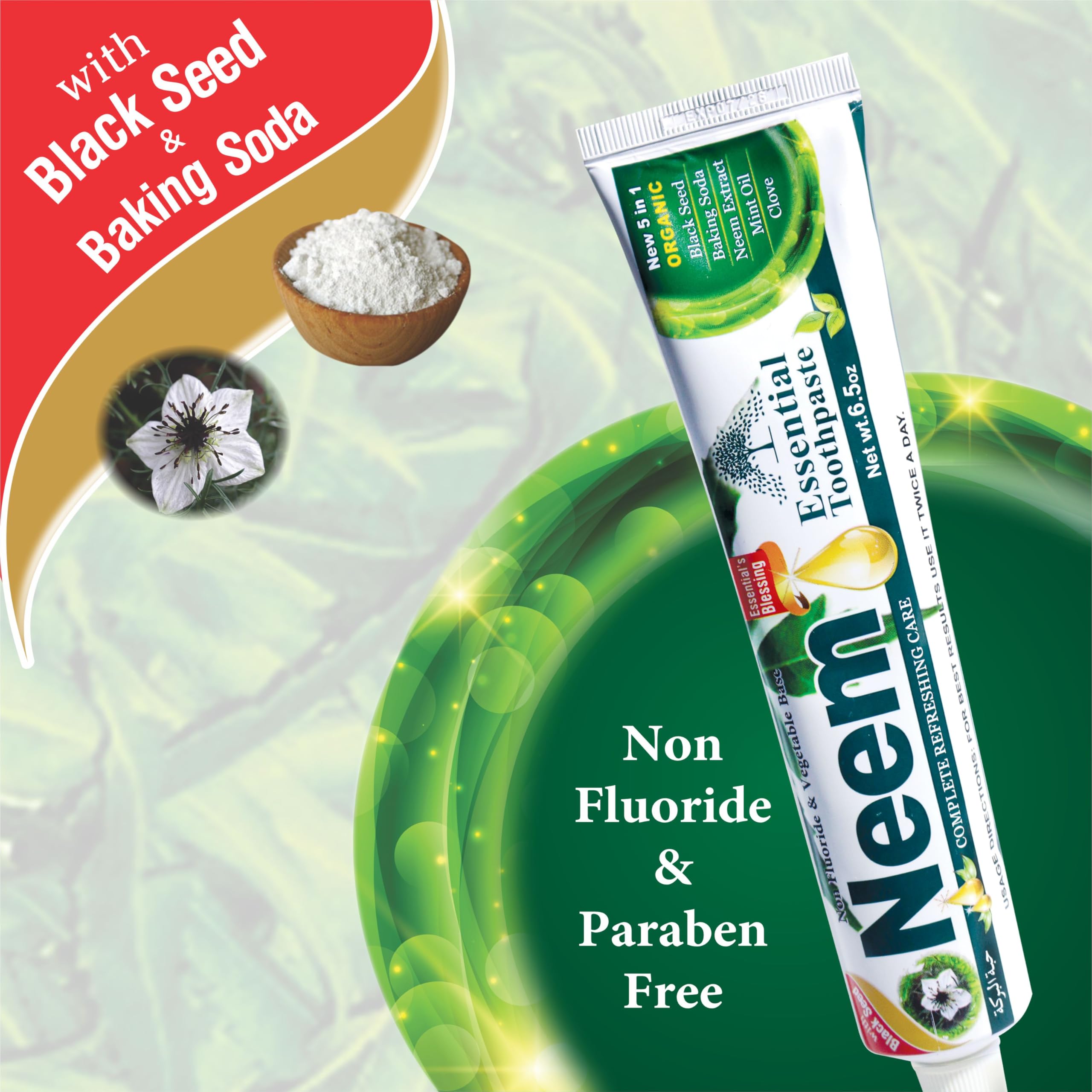 ESSENTIAL TOOTHPASTE tube close-up label highlighting neem and 5-in-1 benefits