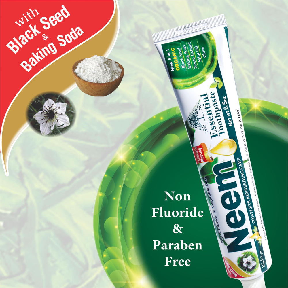 ESSENTIAL TOOTHPASTE tube close-up label highlighting neem and 5-in-1 benefits