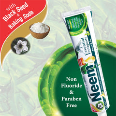 ESSENTIAL TOOTHPASTE tube close-up label highlighting neem and 5-in-1 benefits