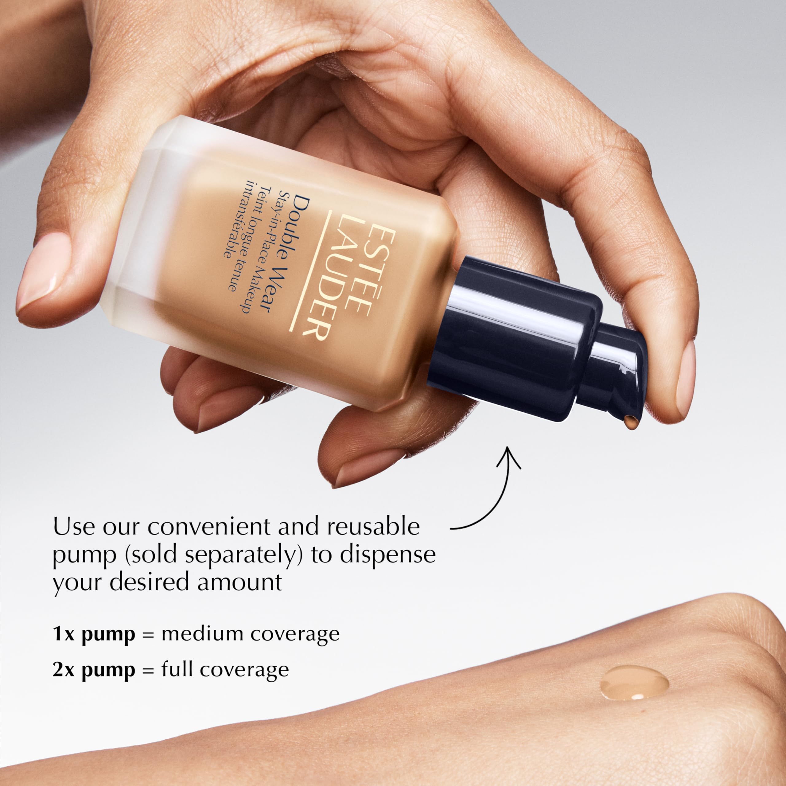 Estée Lauder bottle with reusable pump showing controlled dispensing