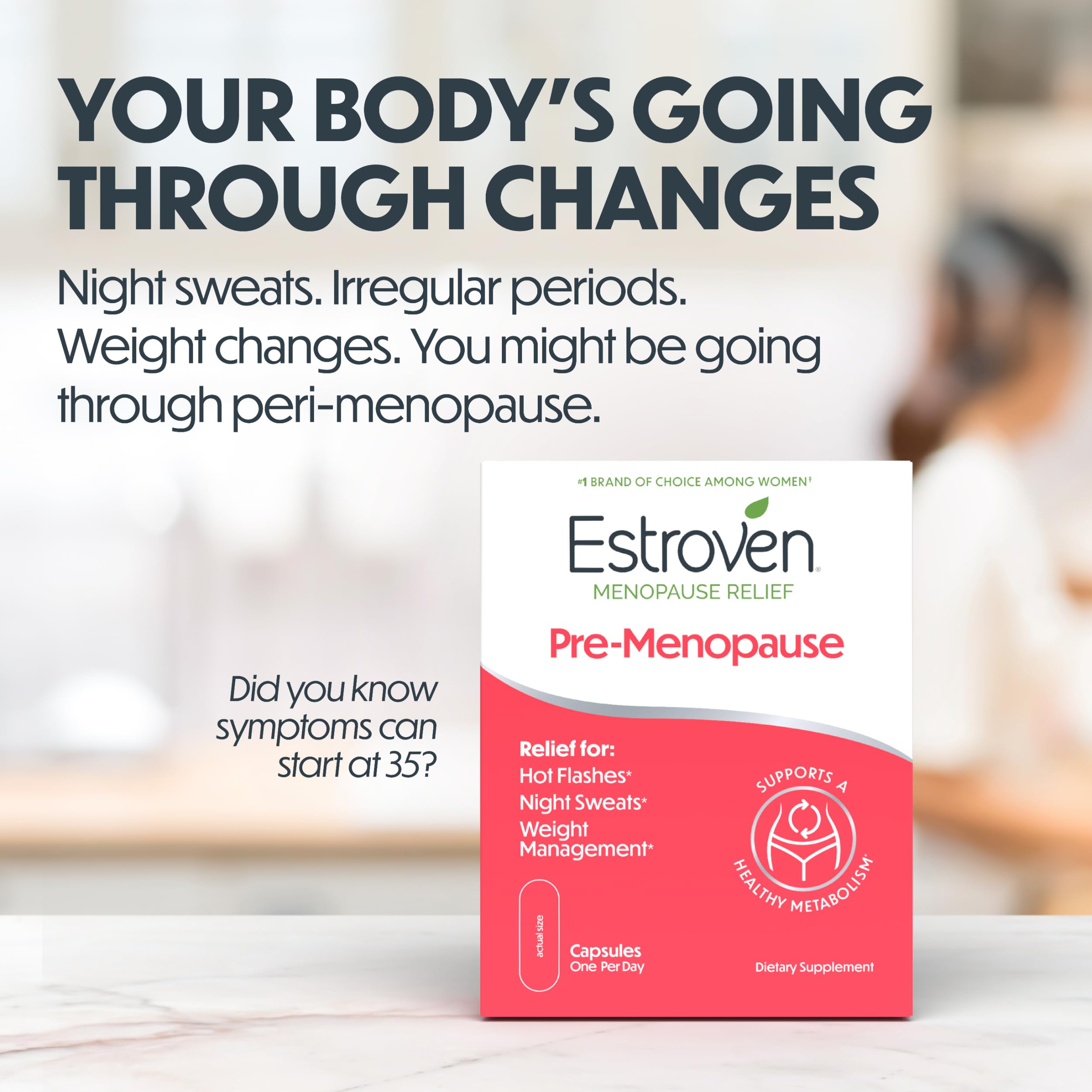 Estroven bottle beside box emphasizing shelf presentation and reliable brand choice