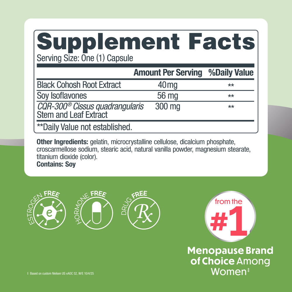 Estroven ingredients label listing black cohosh, soy isoflavones and Synetrim CQ for transparency