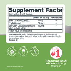 Estroven ingredients label listing black cohosh, soy isoflavones and Synetrim CQ for transparency