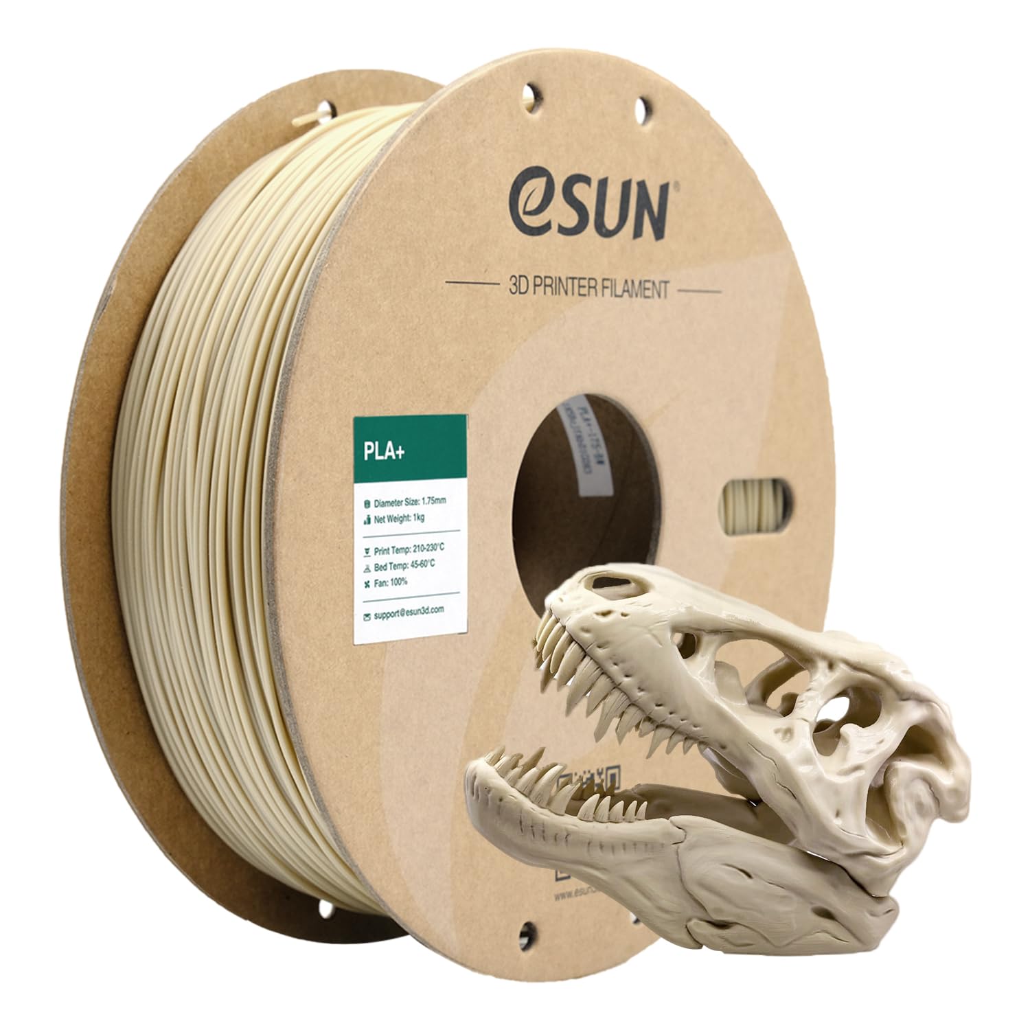 eSUN PLA+ bone white full 1kg spool showing front and filament benefits