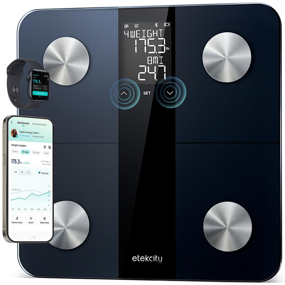 Etekcity front view tempered glass scale showing clear display and stable platform benefit