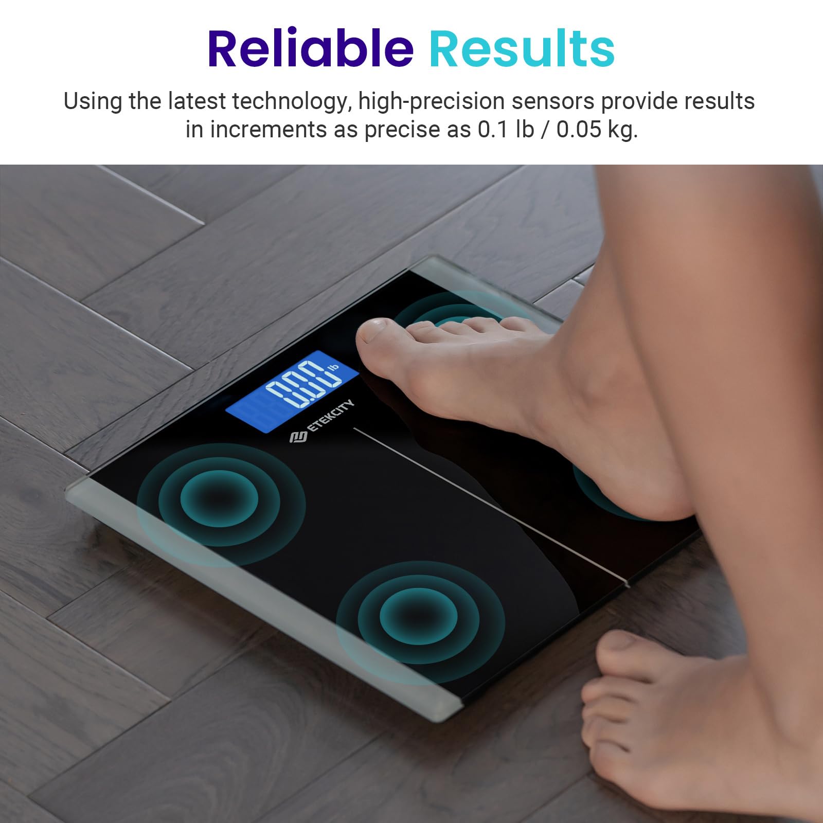 Etekcity close-up of LCD display showing bright numbers for easy weight checks
