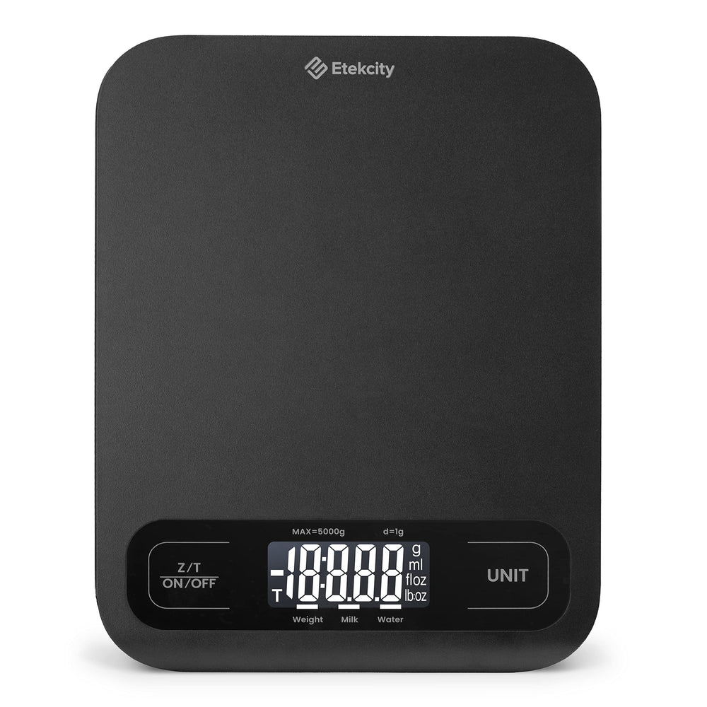 Etekcity scale front view showing display and benefits of large capacity