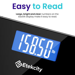Etekcity tempered glass platform detail highlighting durable 6mm surface for longevity