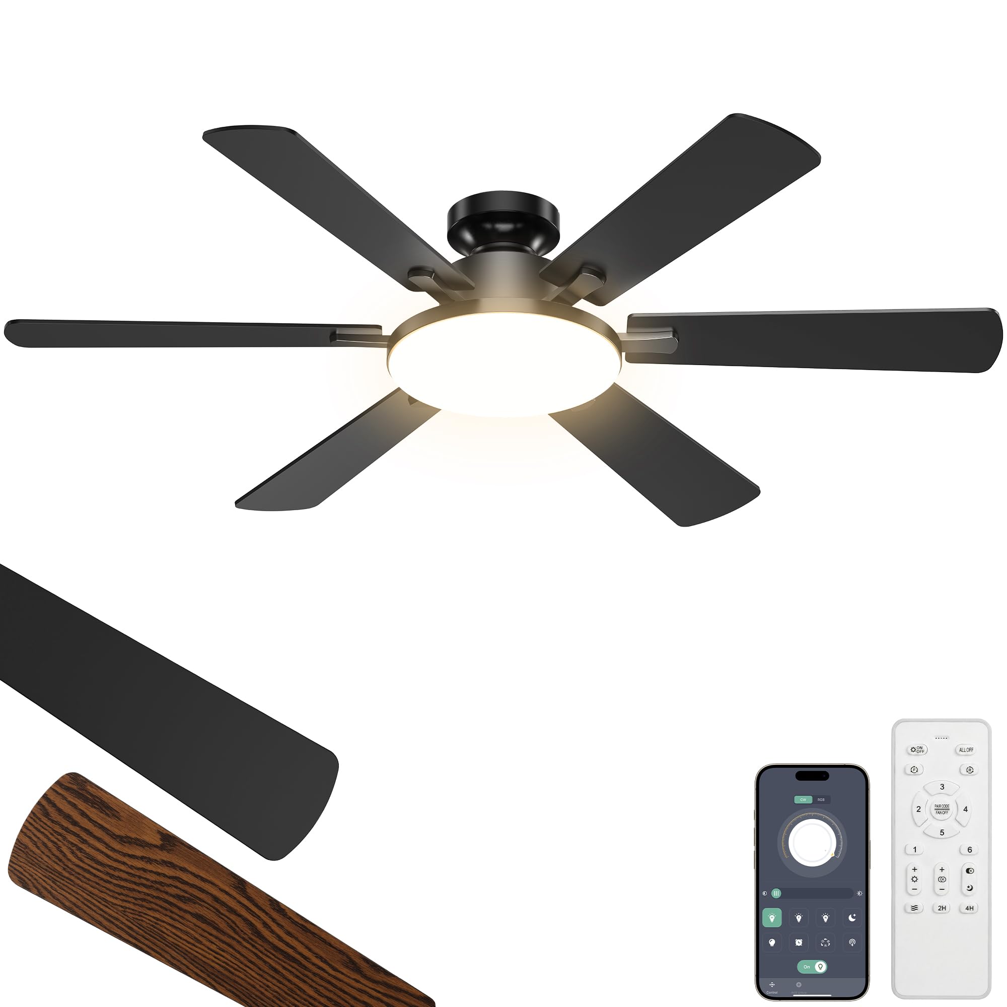 Eterfun 52-inch front view showing slim profile and integrated light for modern rooms