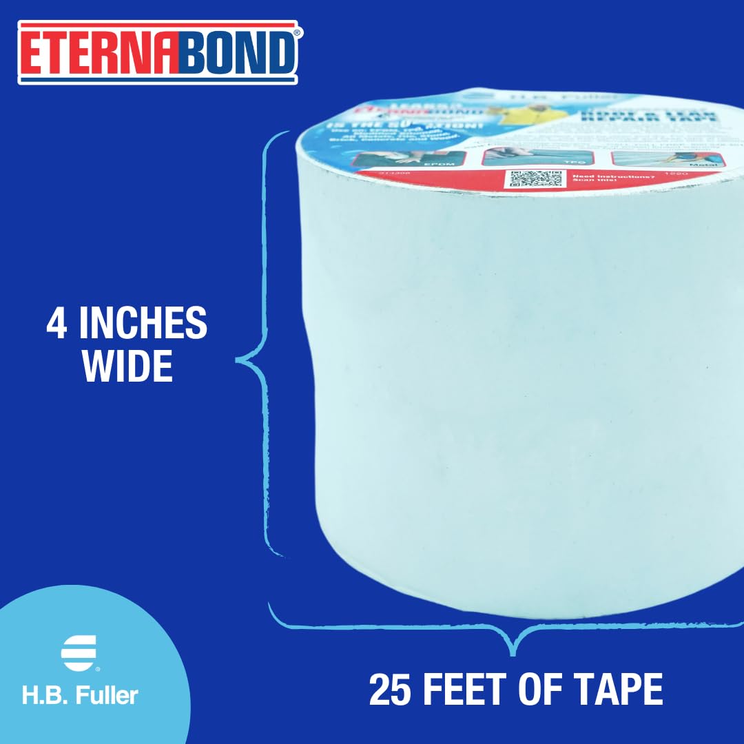 EternaBond roll beside measuring tape showing 4 inch width and 25 foot length for scale