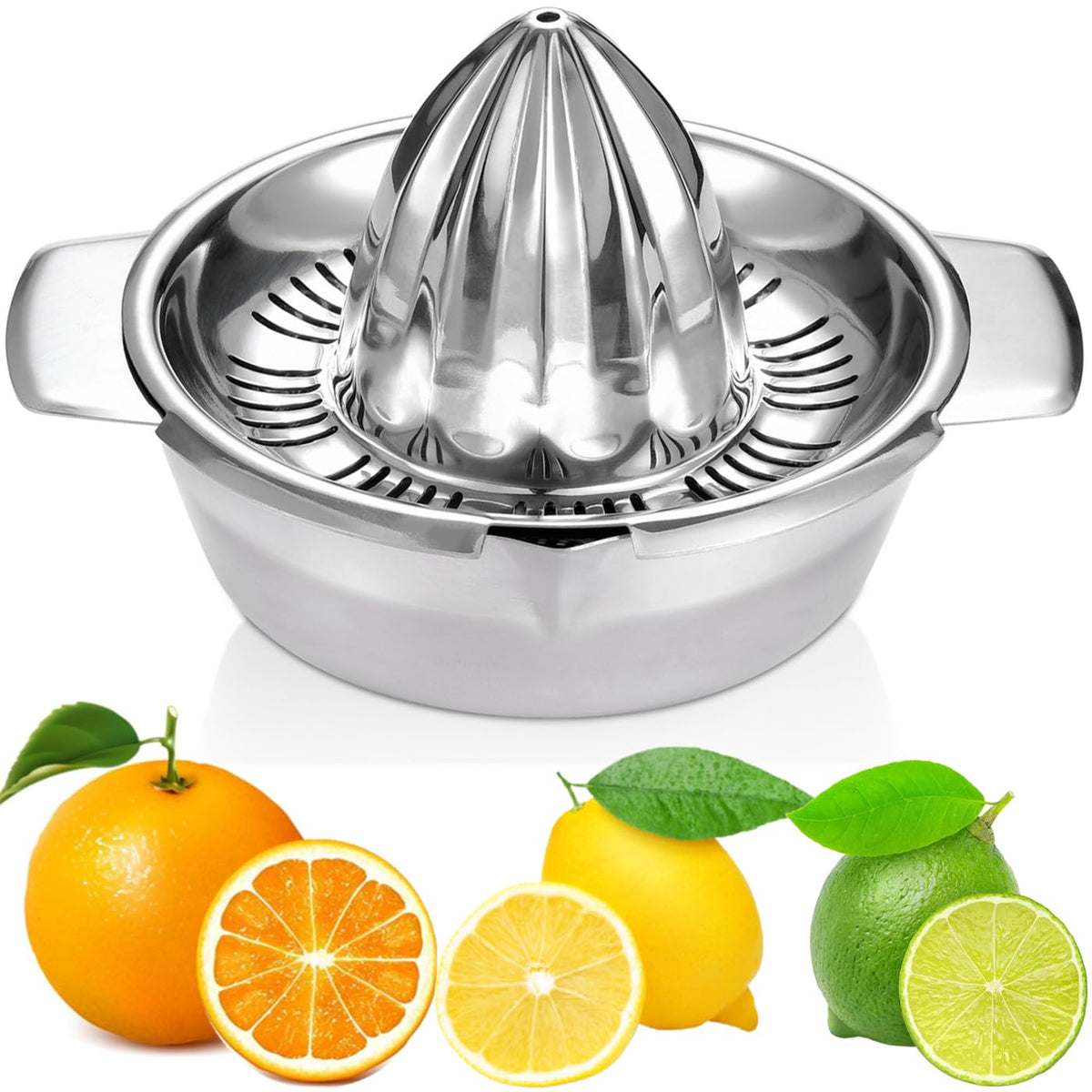 Etinslant front view of stainless steel juicer showing whole unit and sturdy build benefit