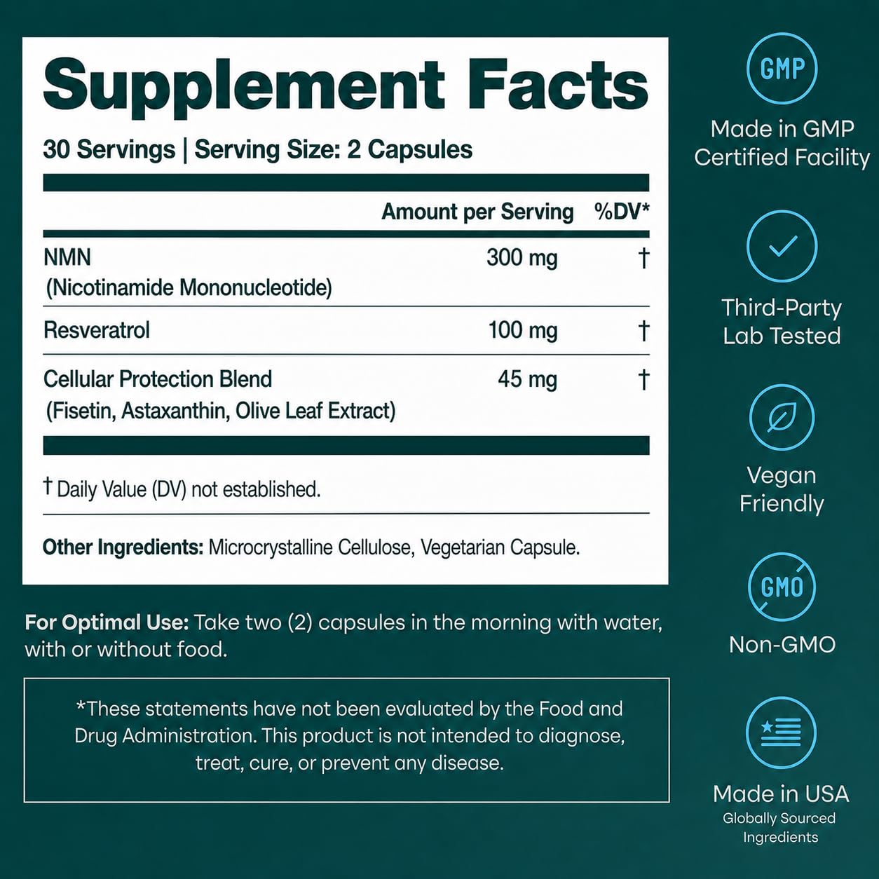 Back label ingredient panel of Etta Vita displaying NMN 300mg and resveratrol 100mg for transparency