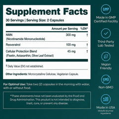 Back label ingredient panel of Etta Vita displaying NMN 300mg and resveratrol 100mg for transparency