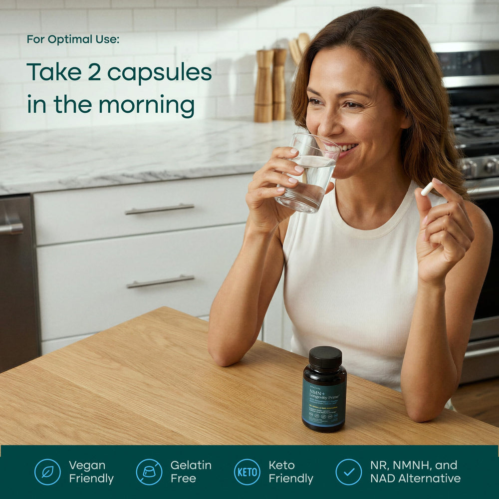 Morning countertop with Etta Vita bottle to show integration into daily routine and steady support