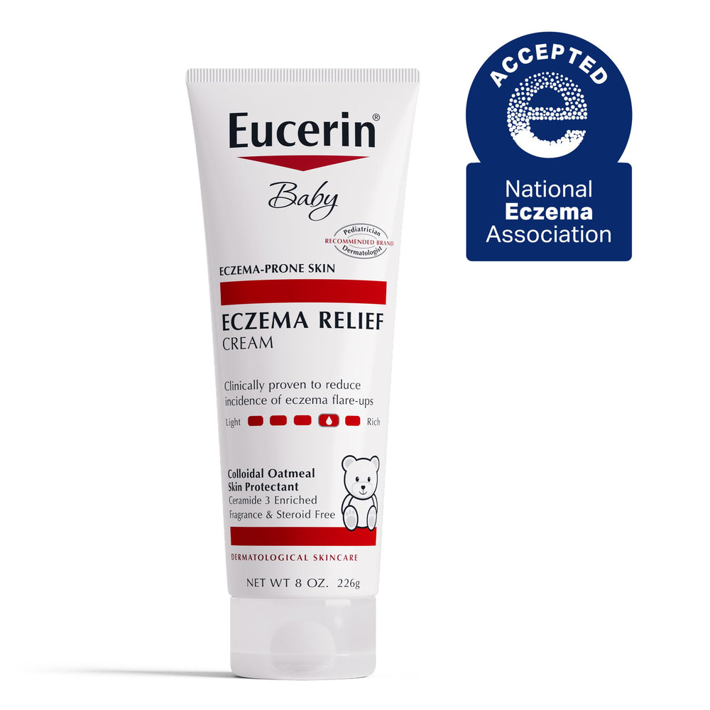 Eucerin cream applied to baby shoulder shows gentle soothing and comfort