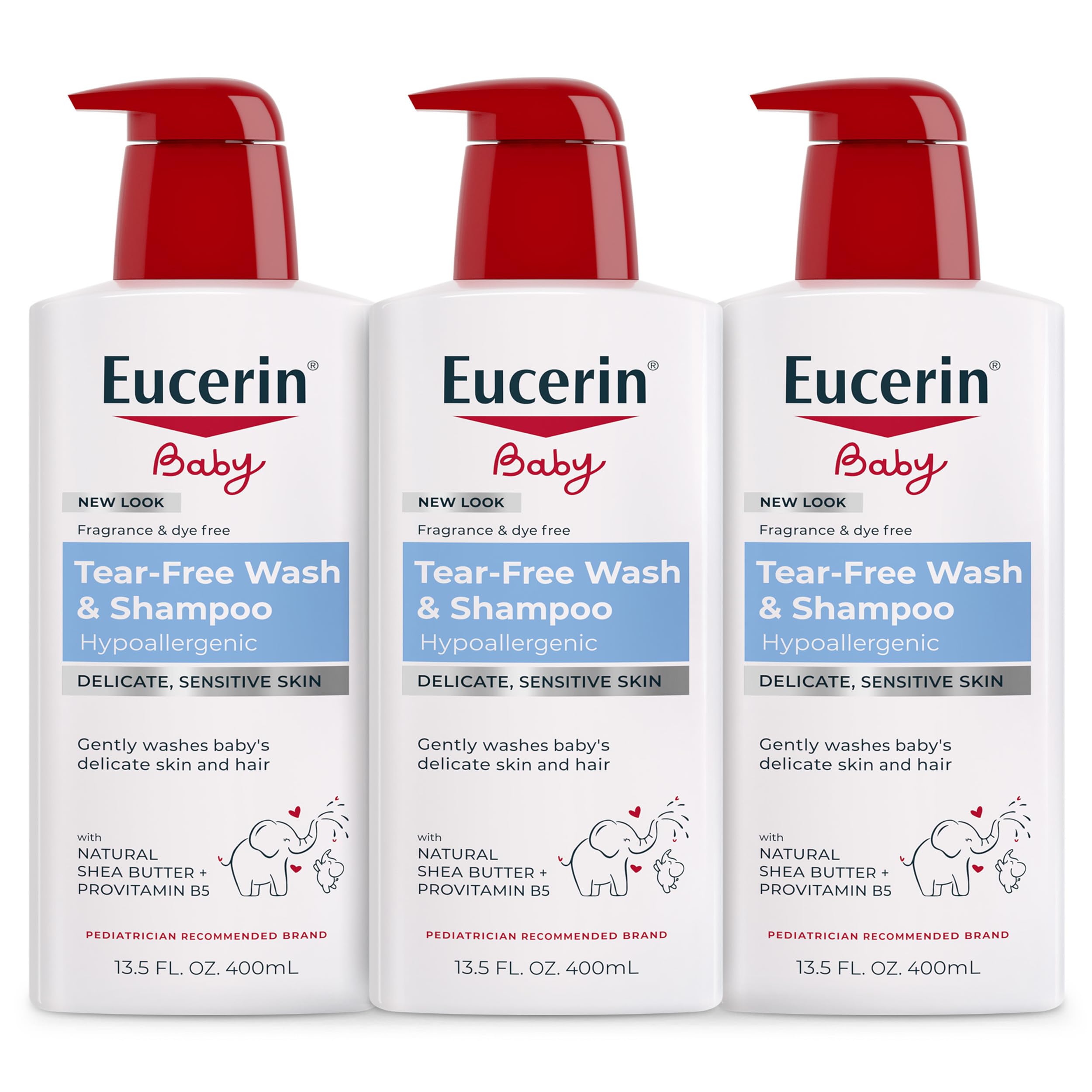 Eucerin baby front packaging showing unscented 2-in-1 bottle and benefits