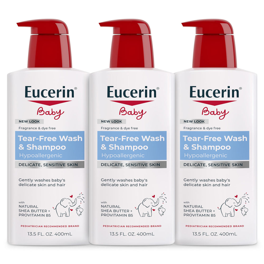 Eucerin baby front packaging showing unscented 2-in-1 bottle and benefits