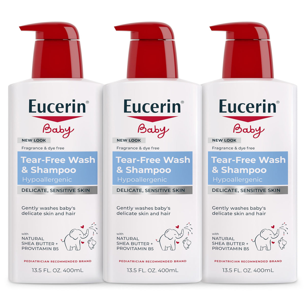 Eucerin baby front packaging showing unscented 2-in-1 bottle and benefits
