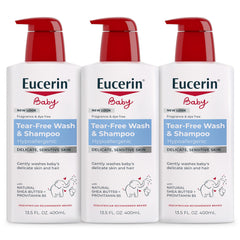 Eucerin baby front packaging showing unscented 2-in-1 bottle and benefits
