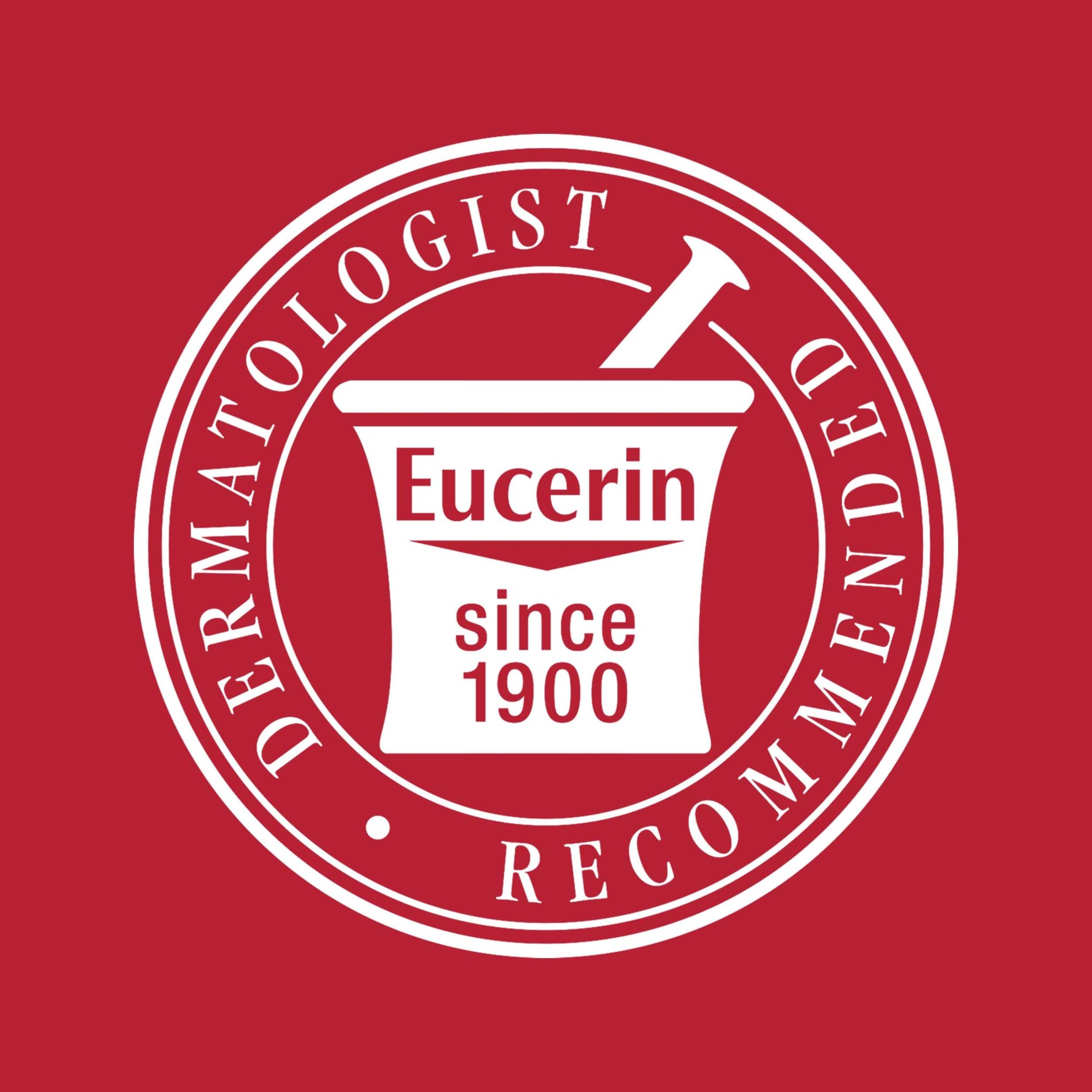 Eucerin clinical badge close-up showing dermatologist-backed formulation
