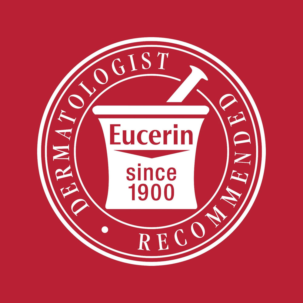Eucerin clinical badge close-up showing dermatologist-backed formulation