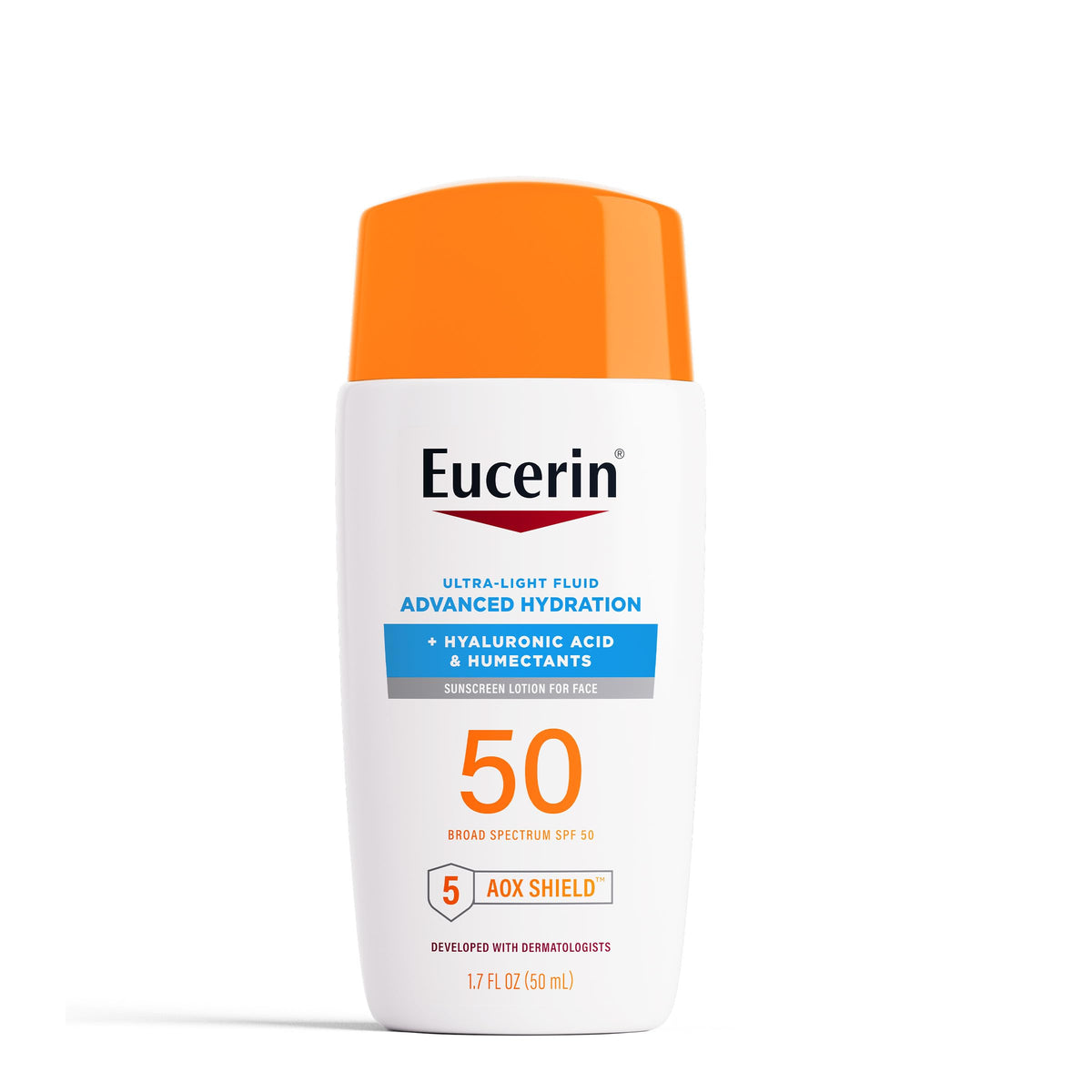 Eucerin bottle front packaging showing SPF 50 and hydrating benefits