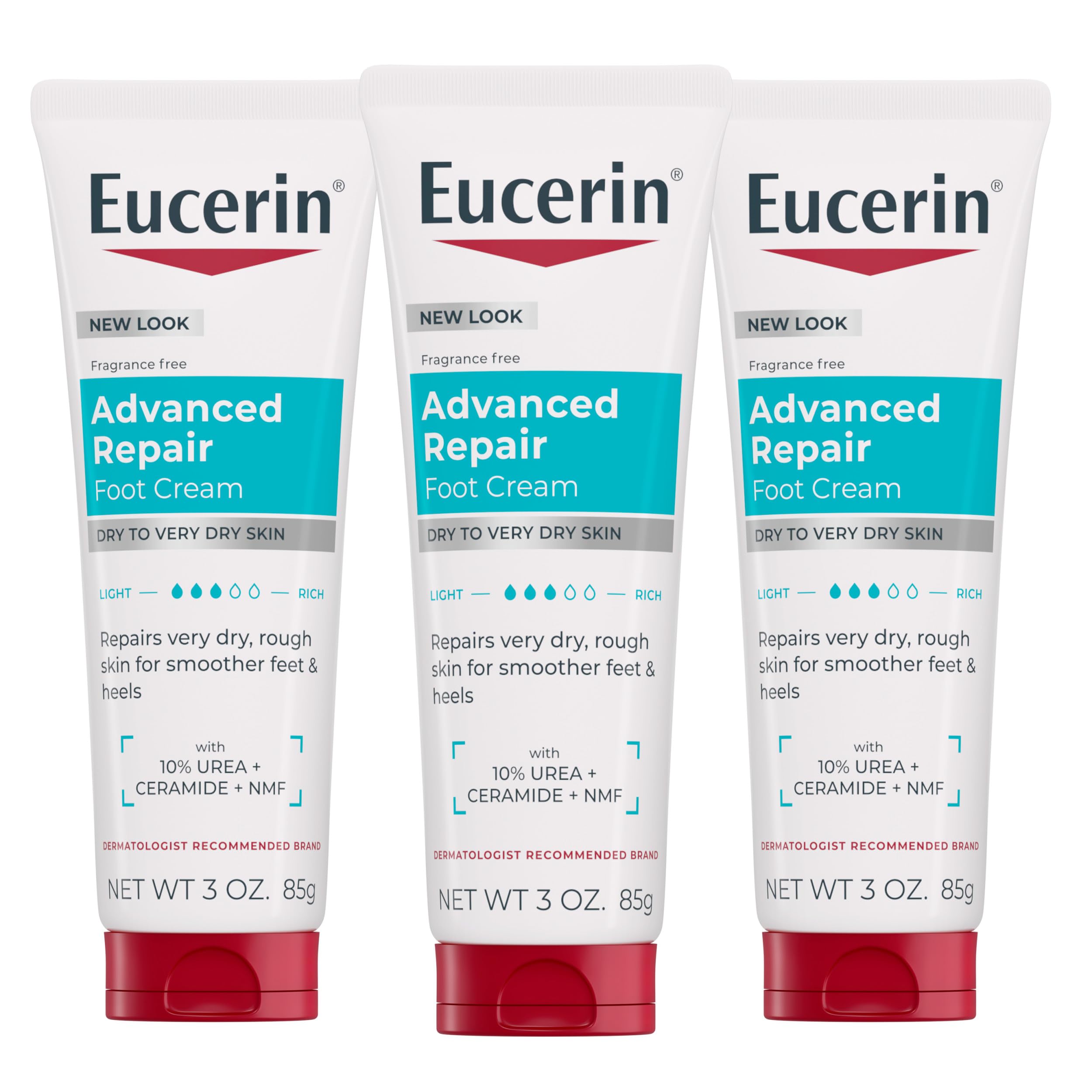 Eucerin front packaging showing three travel-size foot cream tubes, convenient care