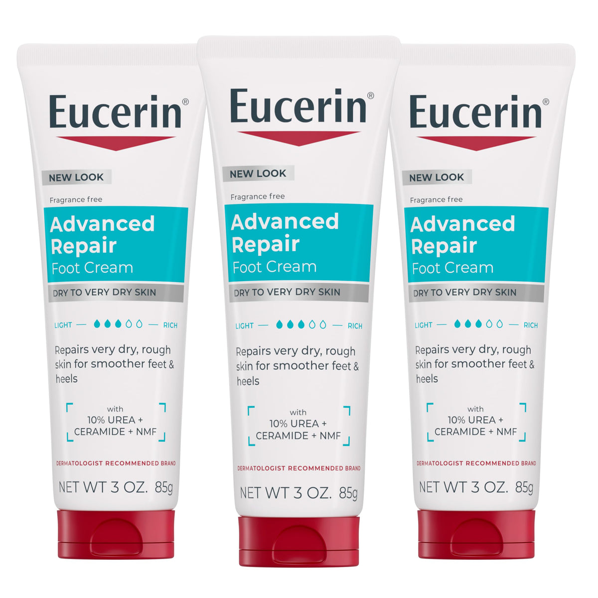 Eucerin front packaging showing three travel-size foot cream tubes, convenient care