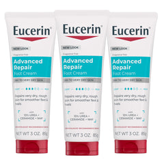 Eucerin front packaging showing three travel-size foot cream tubes, convenient care