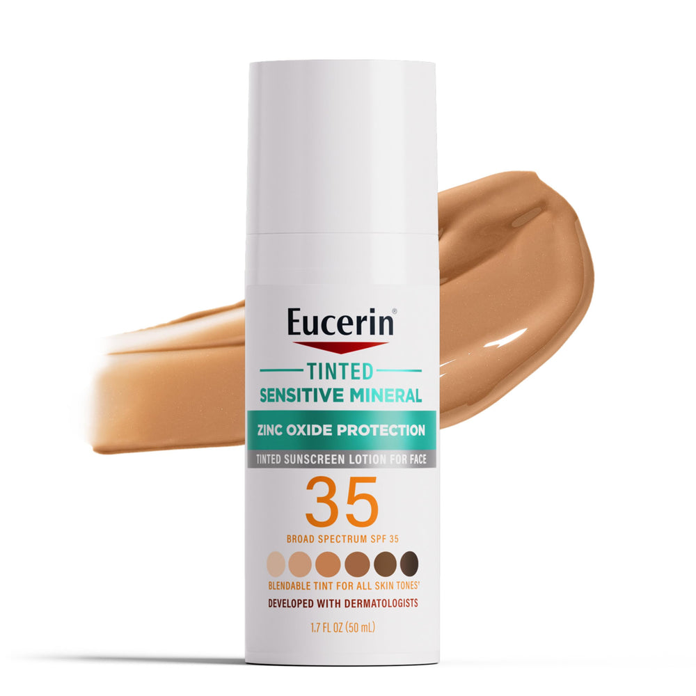 Eucerin front packaging showing tinted SPF 35 bottle and benefits