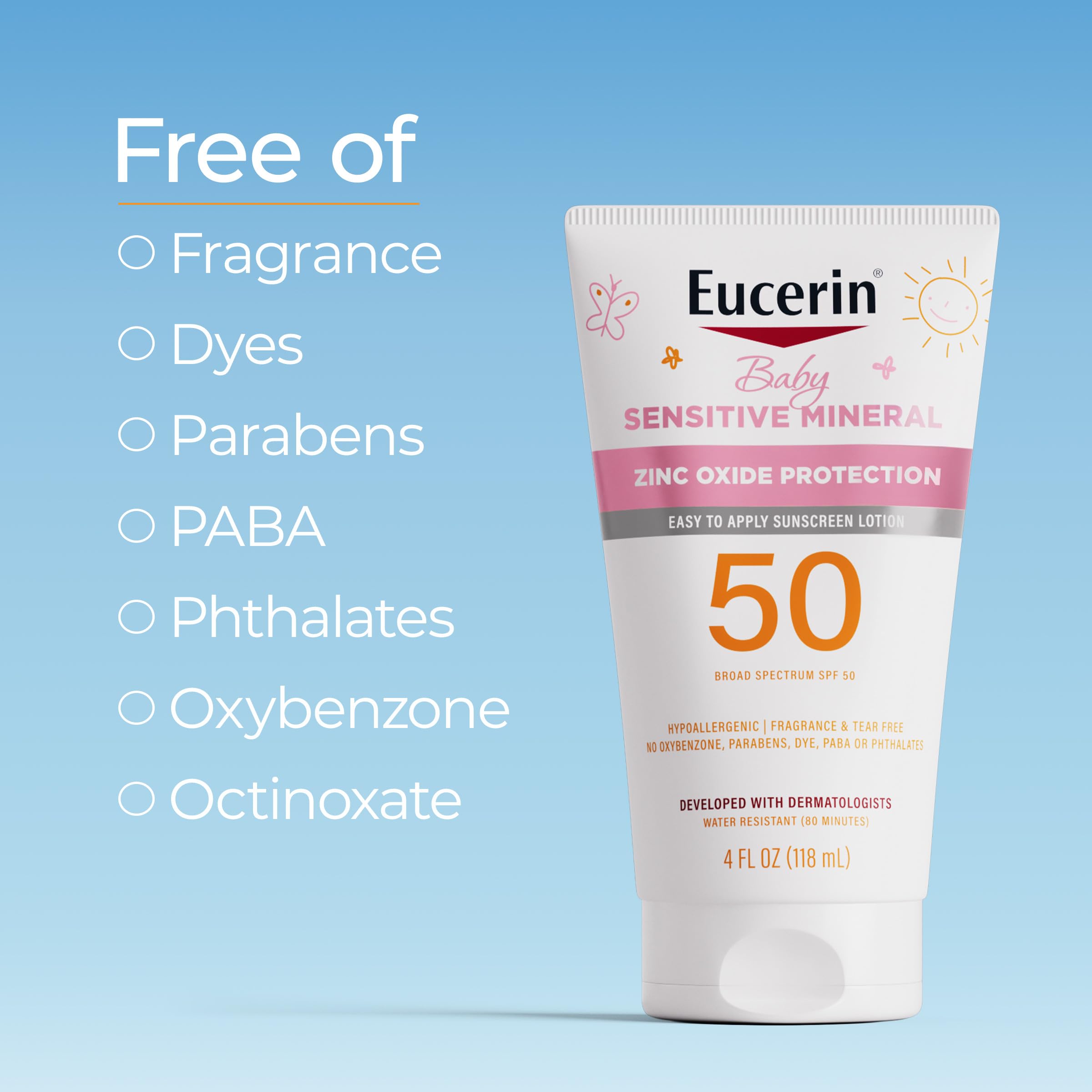 Eucerin ingredient label closeup highlighting hypoallergenic, no-fragrance benefit