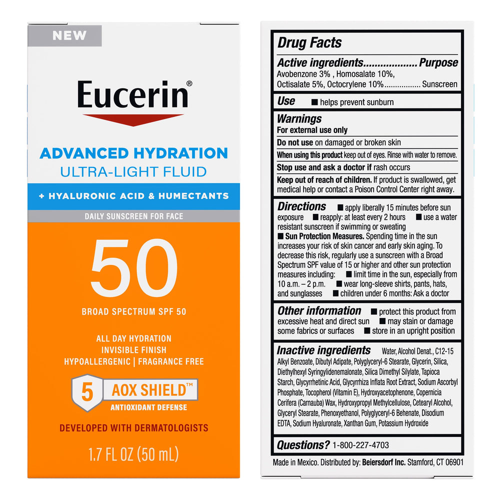 Eucerin placed beside hyaluronic acid serum to show hydrating boost