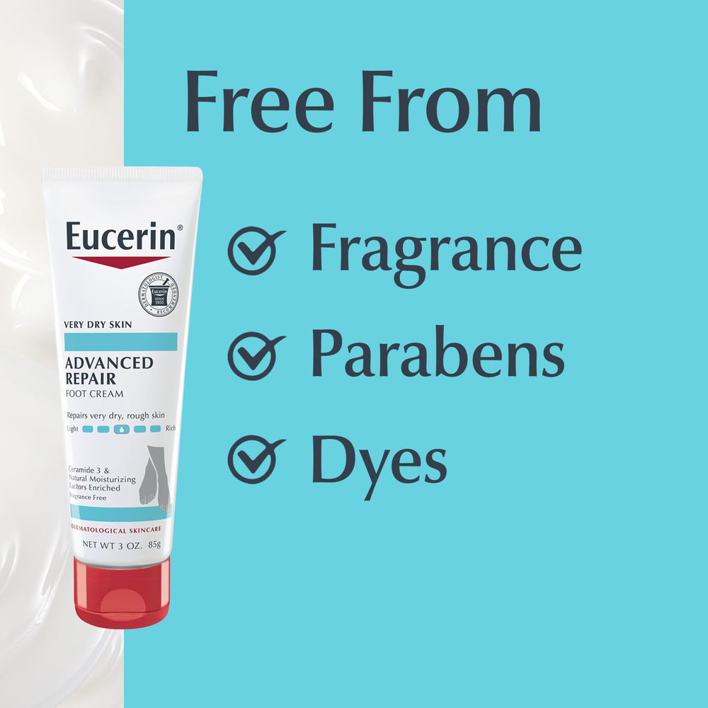 Eucerin travel bag sized tube beside wallet for on-the-go foot care benefit