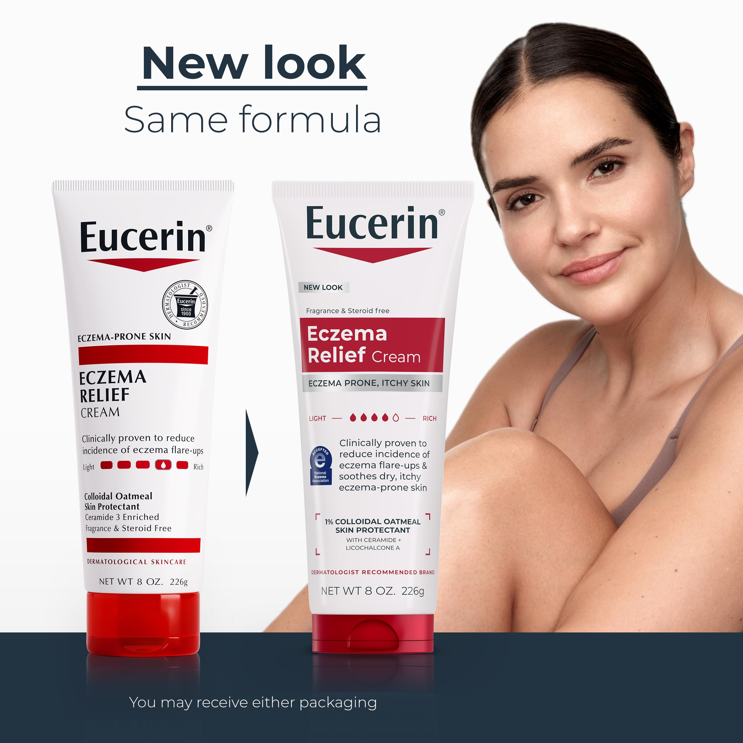 Eucerin tube close-up label highlighting colloidal oatmeal and ceramide benefits