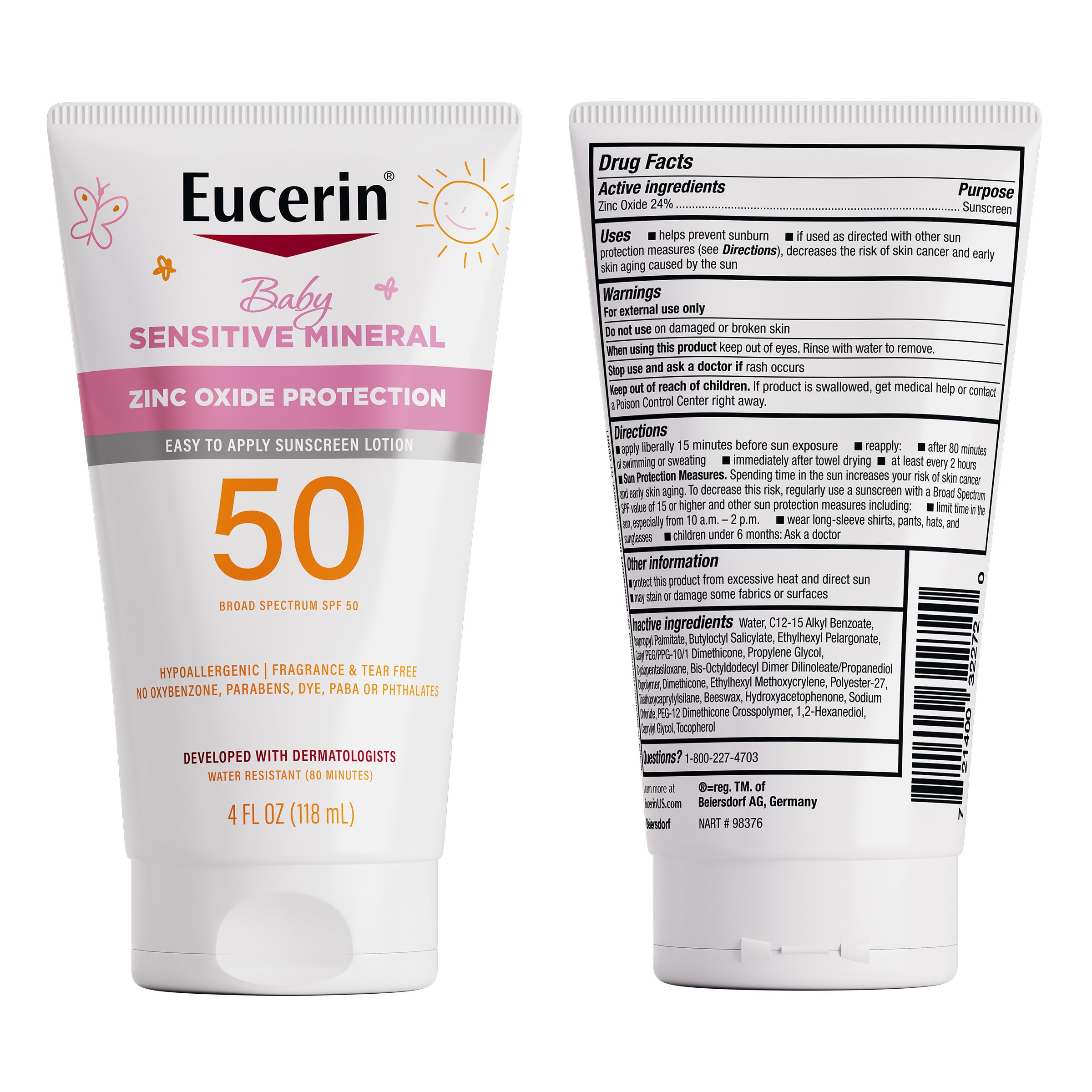 Eucerin on child by pool showing water resistant up to 80 minutes benefit