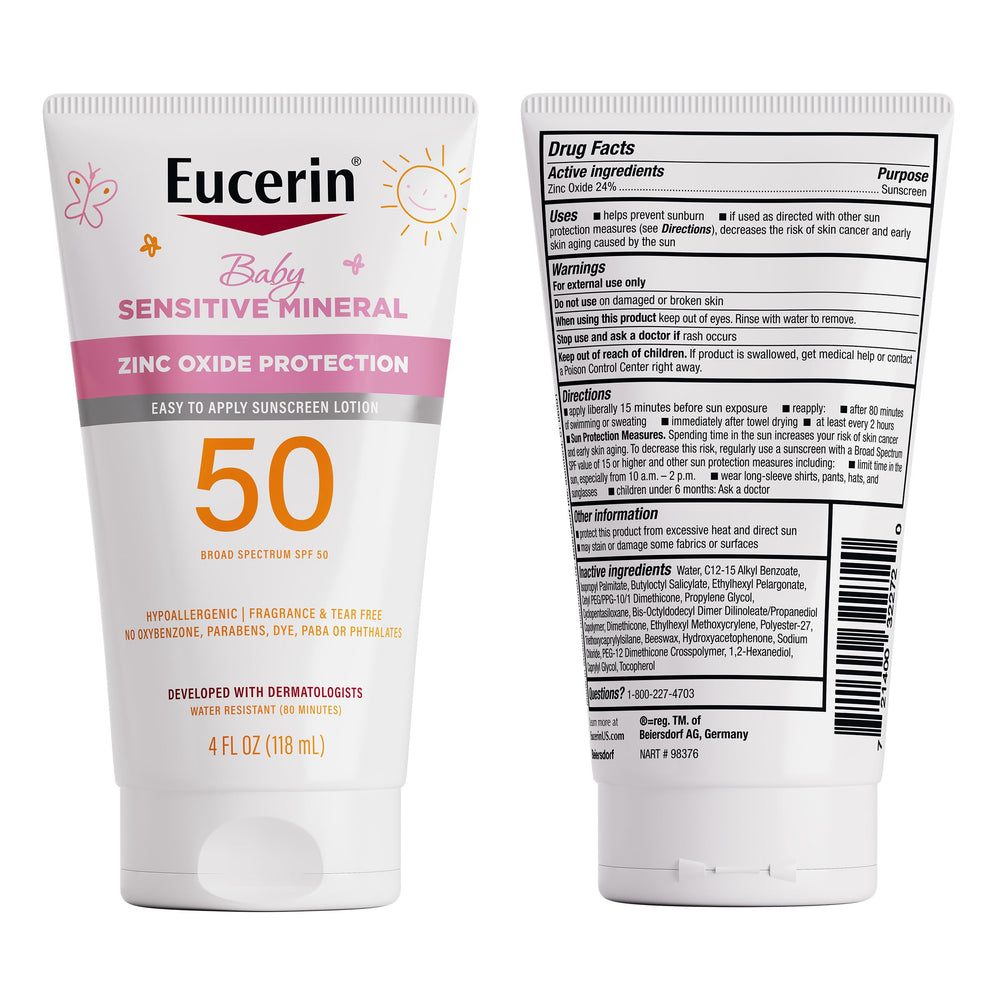 Eucerin on child by pool showing water resistant up to 80 minutes benefit