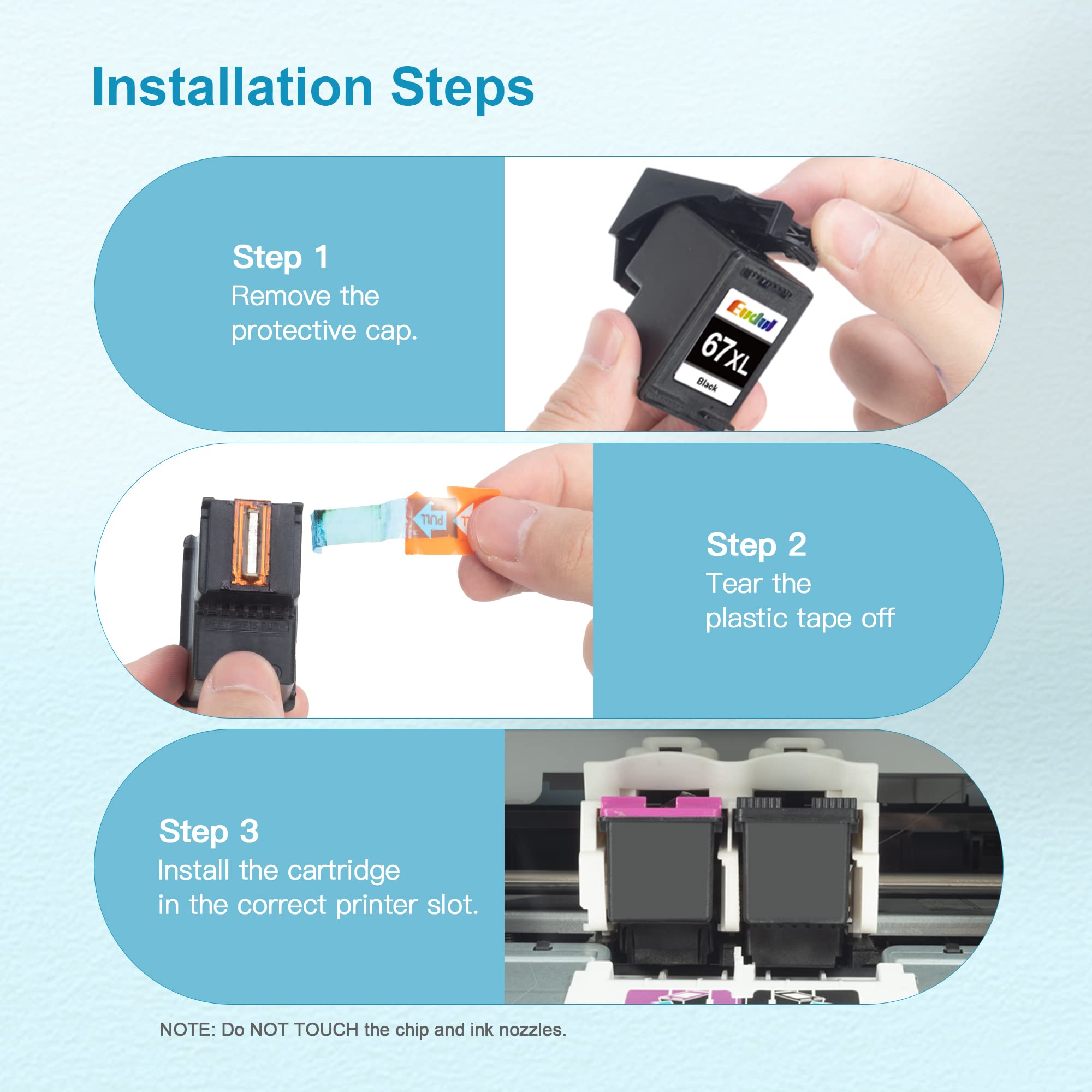 Eudul package contents displaying two cartridges and user guide for quick setup