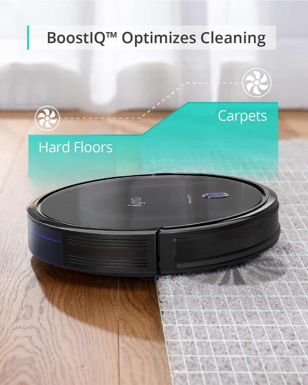 eufy sliding under sofa illustrating 2.85-inch clearance access