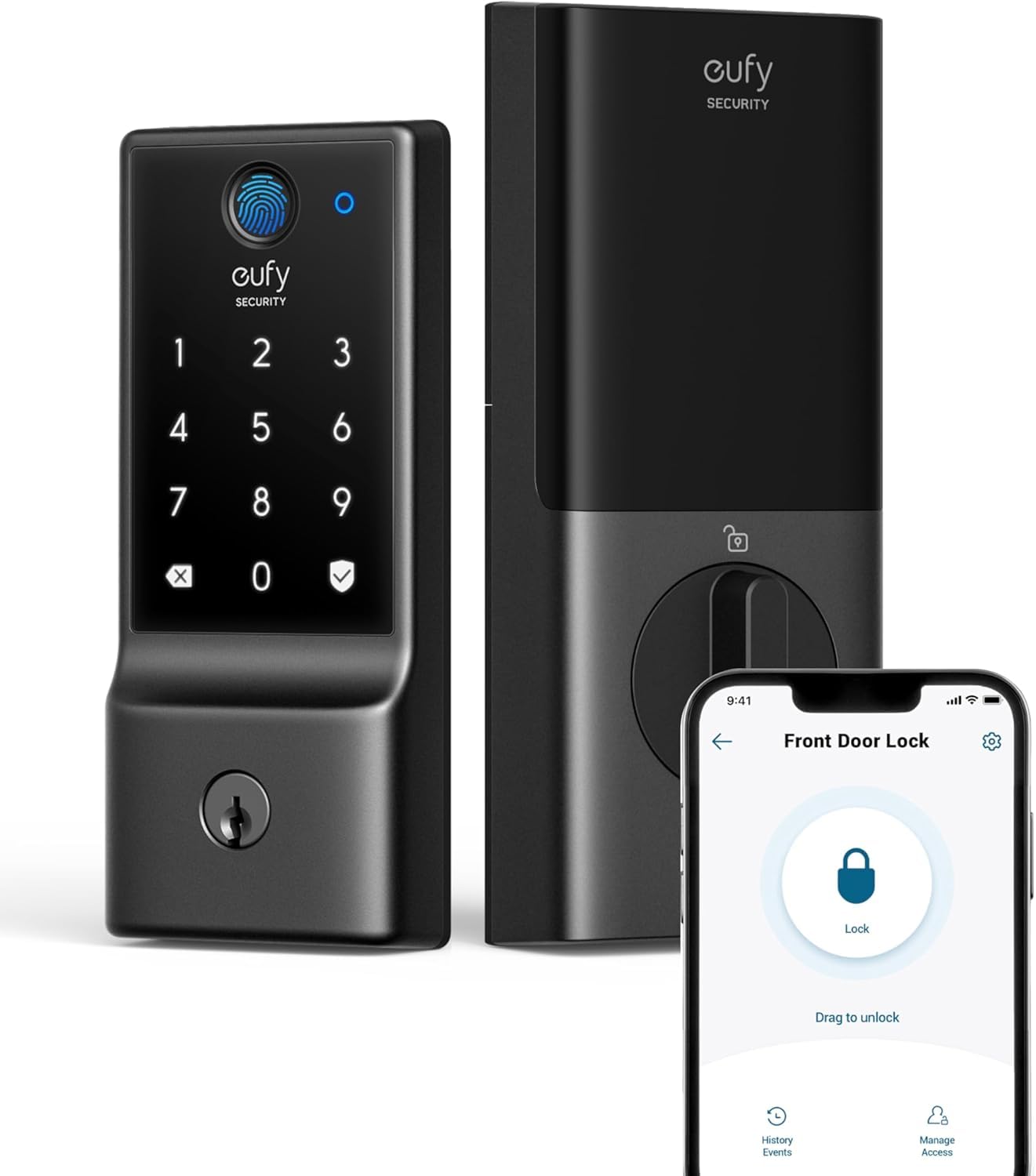 eufy Security front view of C220 lock showing sleek keypad and thumb turn for easy access