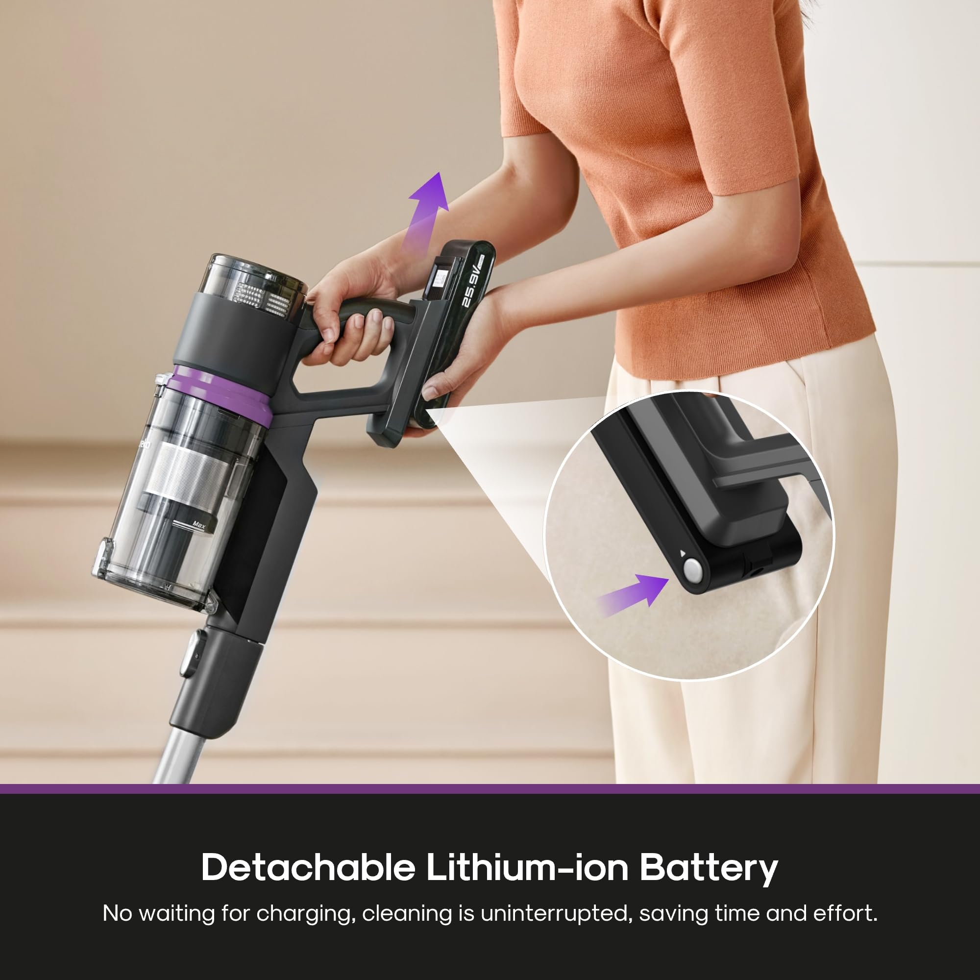 Eureka ReactiClean detachable battery removed for quick swaps and longer runtime