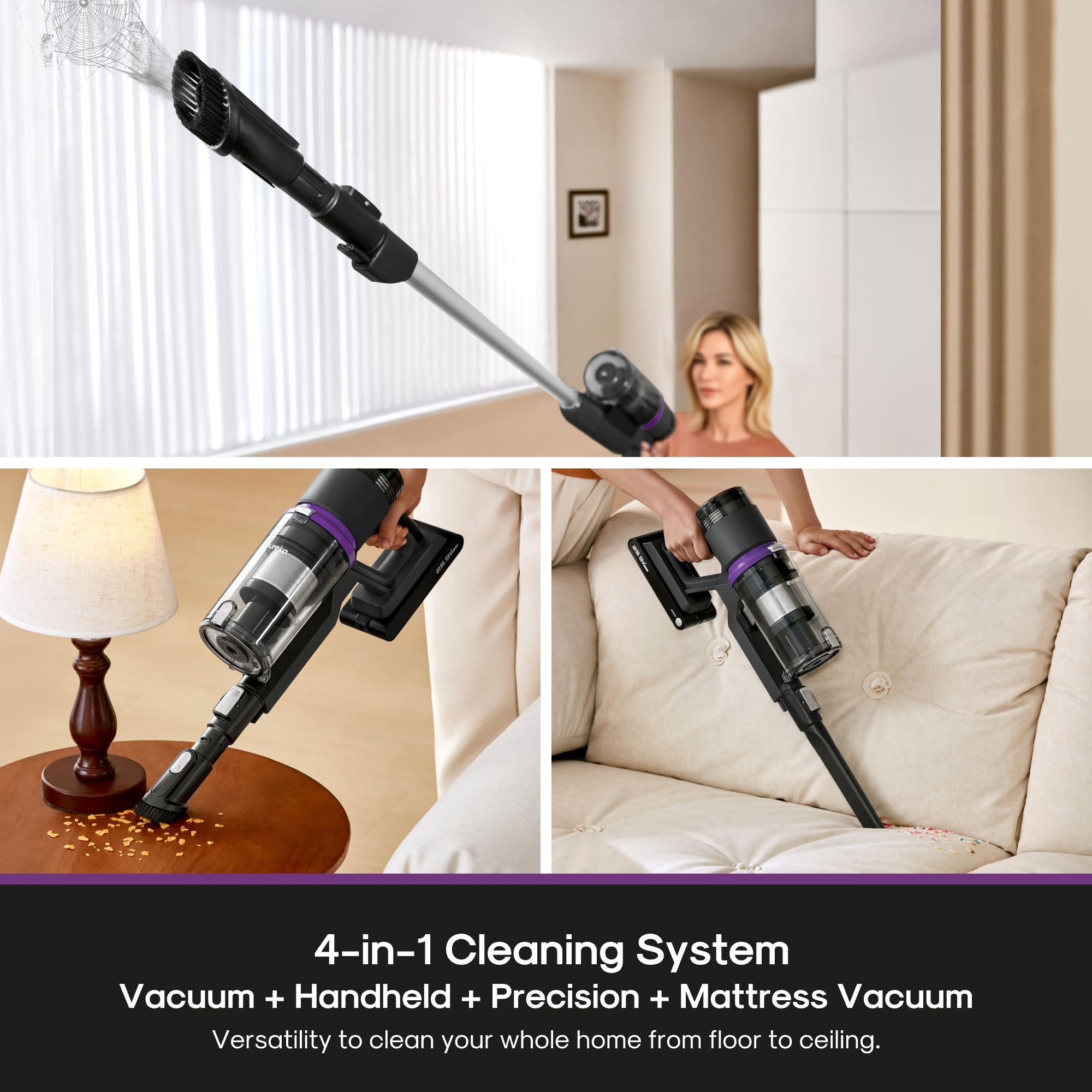 Eureka ReactiClean size comparison beside a chair demonstrating its lightweight portability