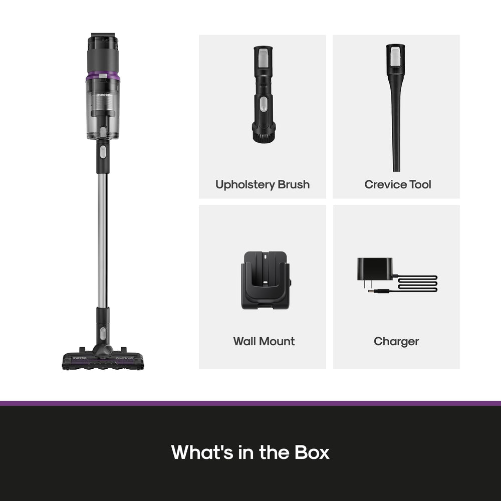 Eureka ReactiClean stored upright in a small closet showing compact, space‑saving design