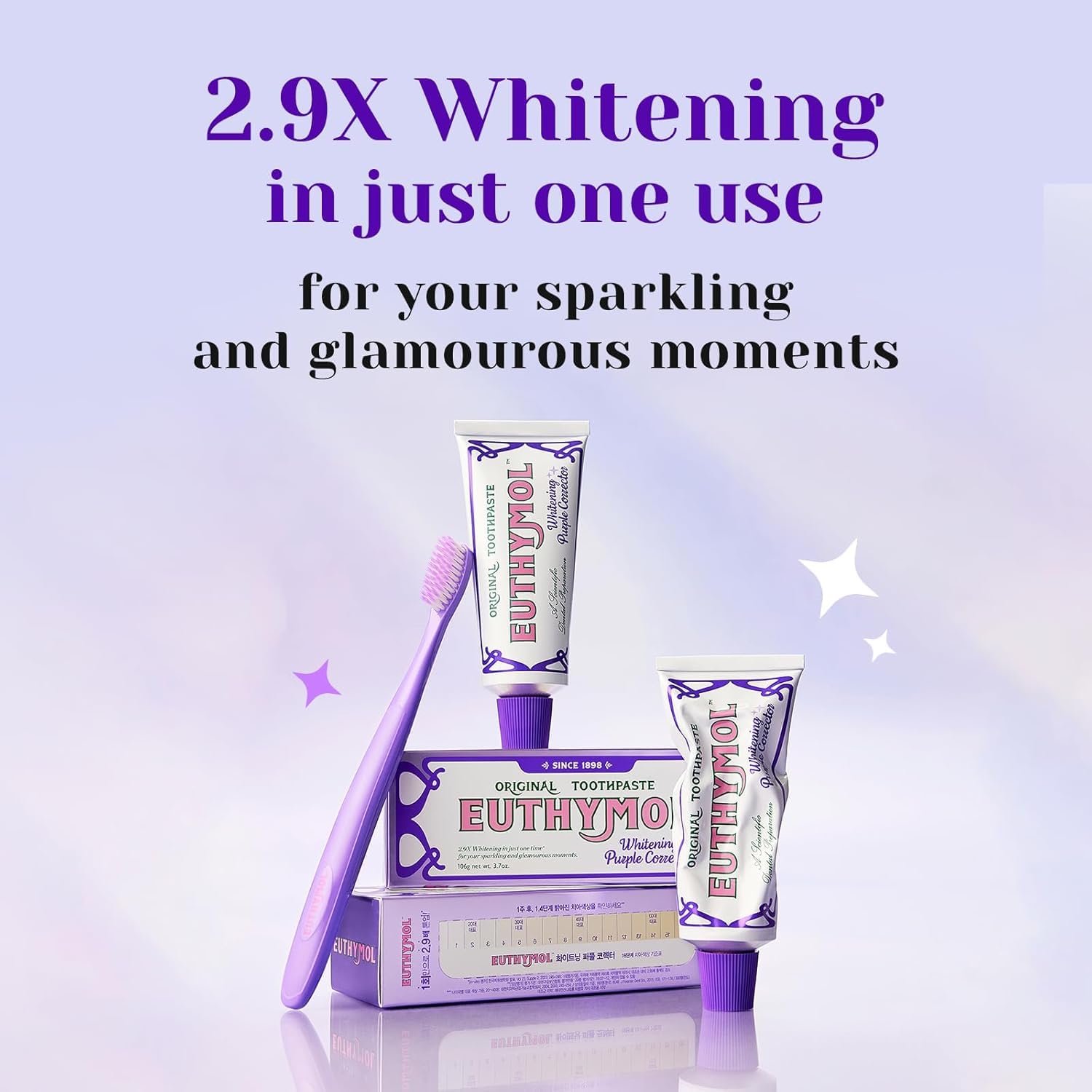 Euthymol paste texture on toothbrush showing violet tone-up effect
