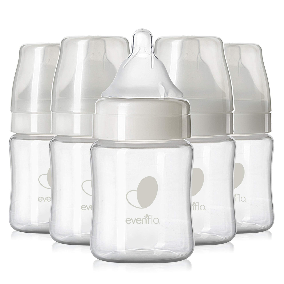 Evenflo front packaging showing six 5oz bottles, clear view and easy grab